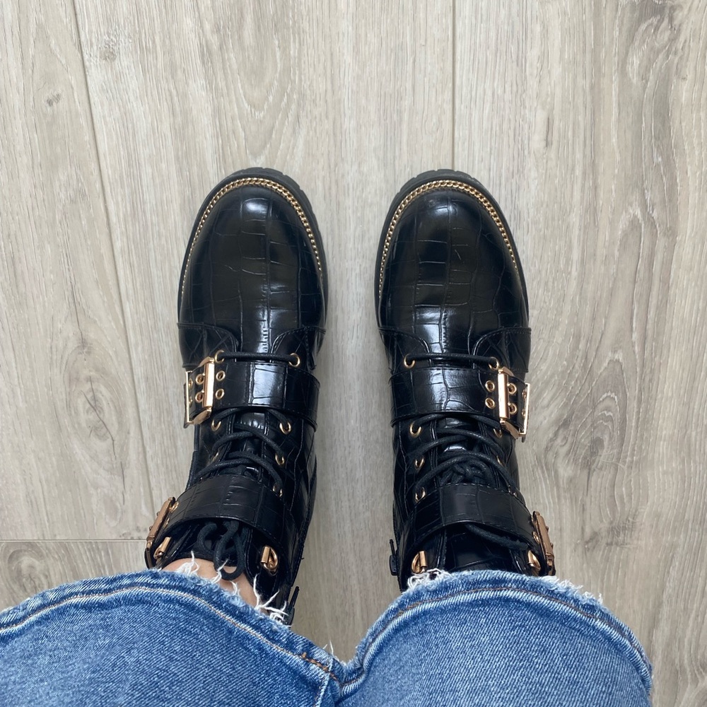 ASOS black combat boots with gold detail croc leather